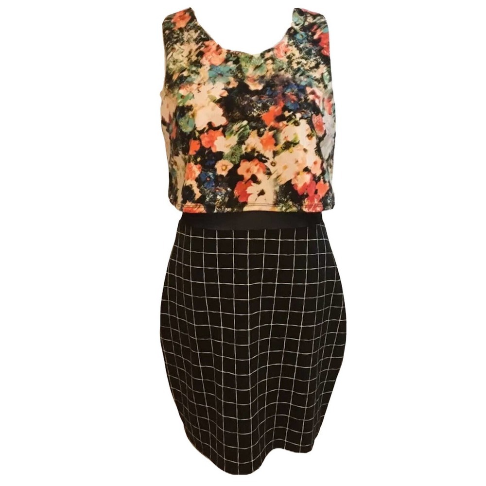 NEW Material Girl Black Floral Check Mixed Pattern Dress with Sheer Waist Size L